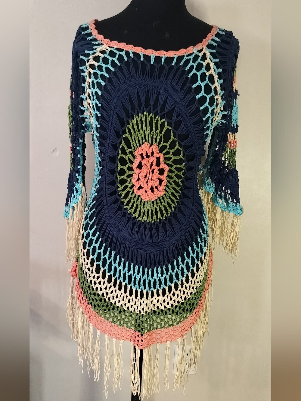 VENUS Navy Crochet Tunic with Pink, Mint & Orange Accents
